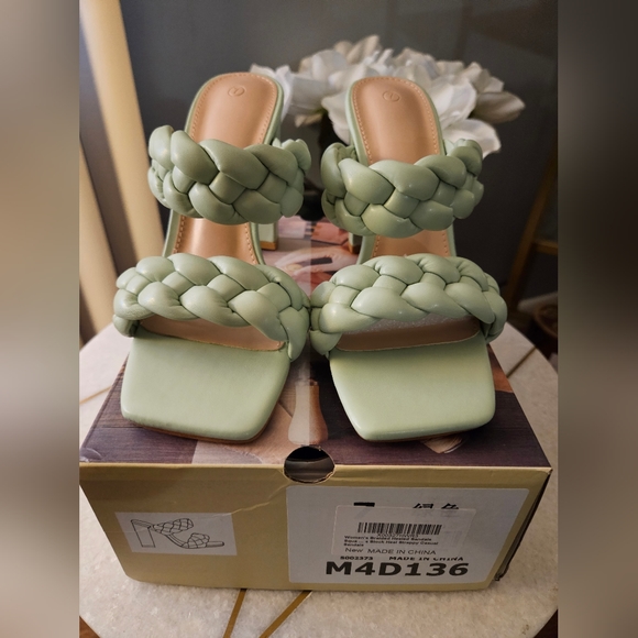 Women's Braided Heeled Sandals Square Open Toe Backless Block Heel Strappy - Picture 4 of 4